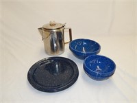 Enamel Ware Plates & Bowls & Perculator Coffee Pot