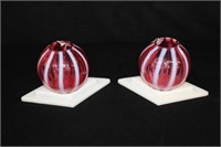 2pc Fenton Cranberry Ball on Milk Glass Vases 4.5"