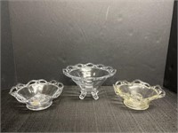 Pair lace edge glass candleholders & footed bowl
