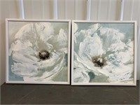 2 canvas floral paintings, approx 17in square