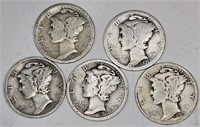 Lot of 5 Better Early Date Mercury Dimes