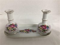 Floral Pattern Dresser Tray and Two Bud Vases