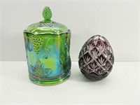 Amethyst Egg 7.5"T Carnival Glass Canister w/chip