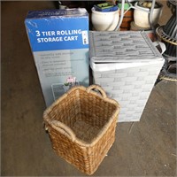 3 Tier Rolling Storage Cart & Wicker Hamper
