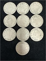 Lot of 10 1908 Liberty "V" Nickels