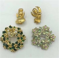 Lot of 4 Christmas Angels & Wreaths Brooches