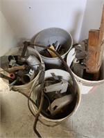 4 buckets of Scrap Metal, Wood piece and more