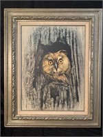 Large Framed Owl Print Signed Sandy