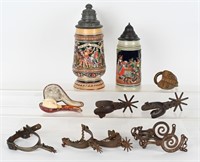 LOT STEINS, SPURS, MEERSCHAUM PIPE & OSLRR LOCK