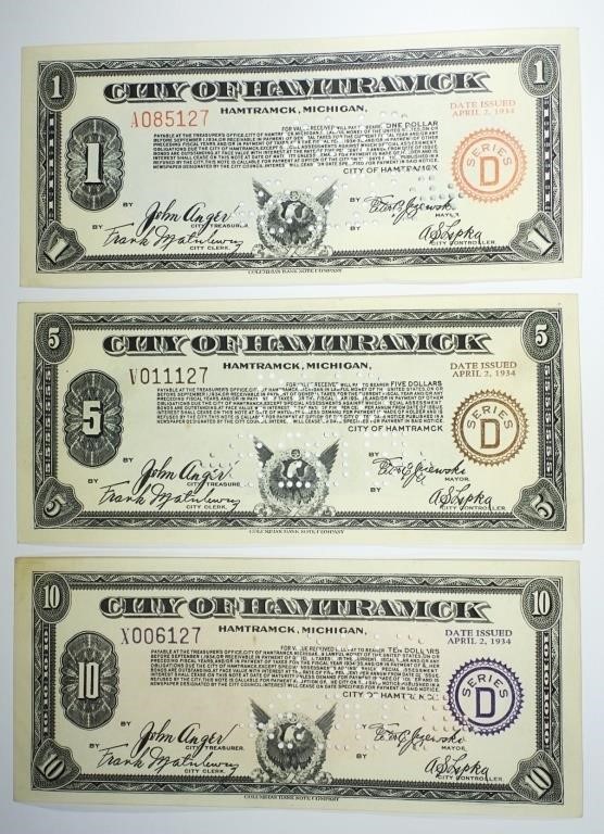 1934 SERIES D $1 $5 $10 HAMTRAMCK NOTES