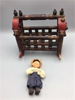 Tramp Art Russian wooden cradle with doll;