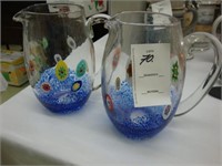 Two art glass millefiori pitchers.