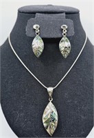 Vintage 950 Silver Abalone Leaf Necklace & Earring