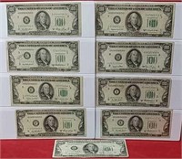 Nine 1950 One Hundred Dollar Federal Reserve Notes