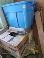 Tote and boxes of misc jars in shed