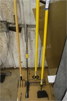 4 assorted garden tools - rake, hoe, cultivator, a