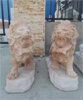 Pair Sun Glow Marble Lions on Base