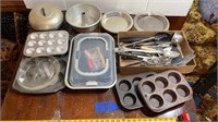 Kitchen lot: utensils, muffin pans, glass pie