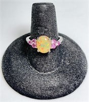 Sterling Large Ethiopian Fire Opal/Pink CZ Ring 3G
