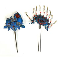 Two Chinese Kingfisher Feather Pins