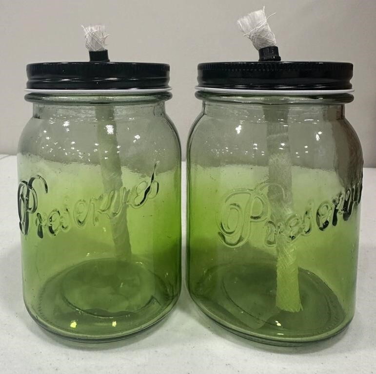 2ct Green Tiki Torch Glass Mason Jars w/ Lids