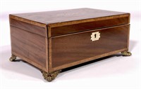 Inlaid sewing box, shell inlaid in top, brass feet