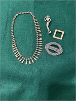 Necklace, three fashion pins