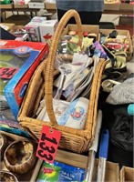 Basket of assorted cards & notepads, & large cup