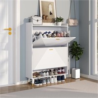 Shoe Storage Cabinet with 2 Flip Drawers, White