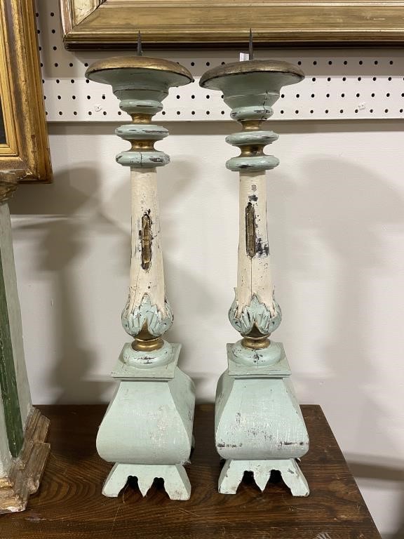 PAIR EARLY FRENCH WOODEN PAINTED CANDLE STANDS