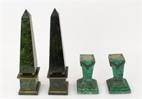 Faux Malachite Painted Wood Obelisks, Pedestals