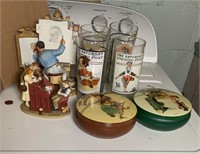 NORMAN ROCKWELL FIGURINES, GLASSES, TINS