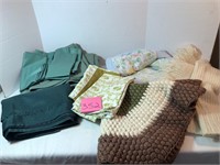 Assorted linens, shawl, rug