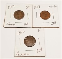 1865 Cent Corrosion; 1907 Cent XF Cleaned; 1907