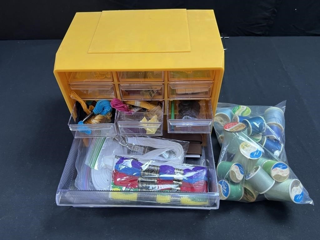 Storage Box w/ Sewing Accessories, Thread Spools