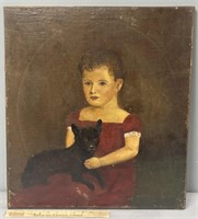 Child & Dog Antique Portrait Oil Painting on Board