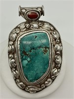 Rare Sterling Turquoise & Coral Huge Pendant