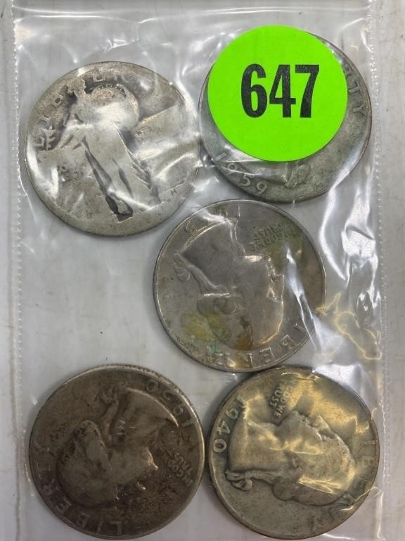 LOT OF 5 ASSORTED SILVER QUARTERS - PRE 1966