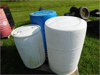 TWO 55 GAL, ONE 30 GAL PLASTIC BARRELS