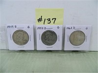 (3) Franklin Halves, 49s, 53d, 63d