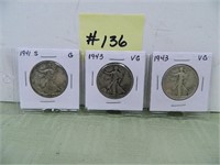 (3) Walk Lib Halves, 1941s, (2)1943