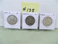 (3) Franklin Halves, 51d, 54d, 63