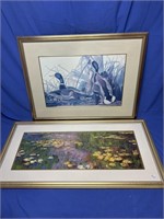 Two large floral prints with water scenes