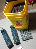 (2) Bird Feeders, Suet Basket, Bucket Of Bird Seed