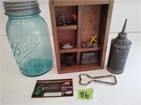Vintage Misc - Ball Jar, Oiler, Trinket Box