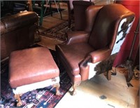 High Back Brown Cowhide Studded Chair & Ottoman