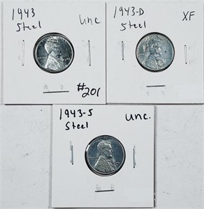 1943 P-D-S  Lincoln "Steel" Cents   XF-Unc