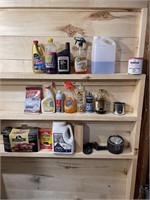 Miscellaneous, solvent, and other items on shelf