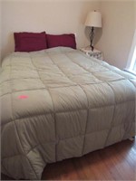 Queen Bed/Bedding, 2 Wood Crates, Table Lamp