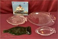 Three Assorted Fish Plates, Green Glass Fish